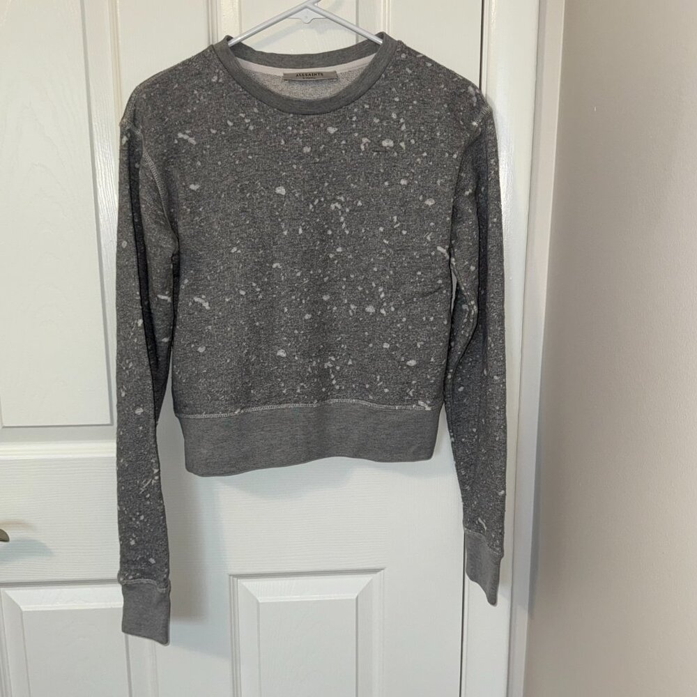 AllSaints Mabelle Cropped‎ Sweatshirt Women's XS Gray Distressed - Picture 2 of 7